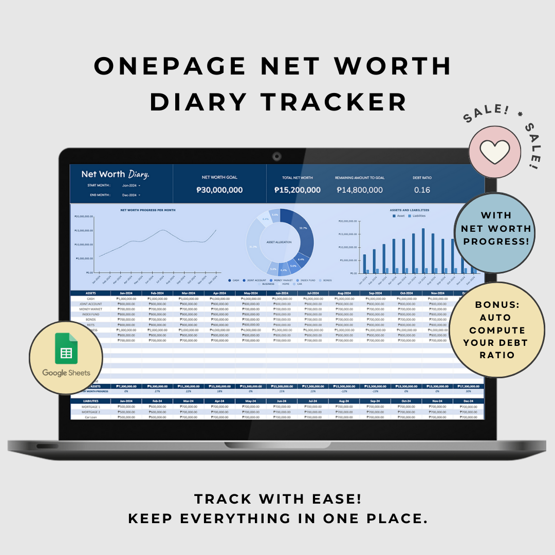 Onepage Net worth Diary Monthly Tracker